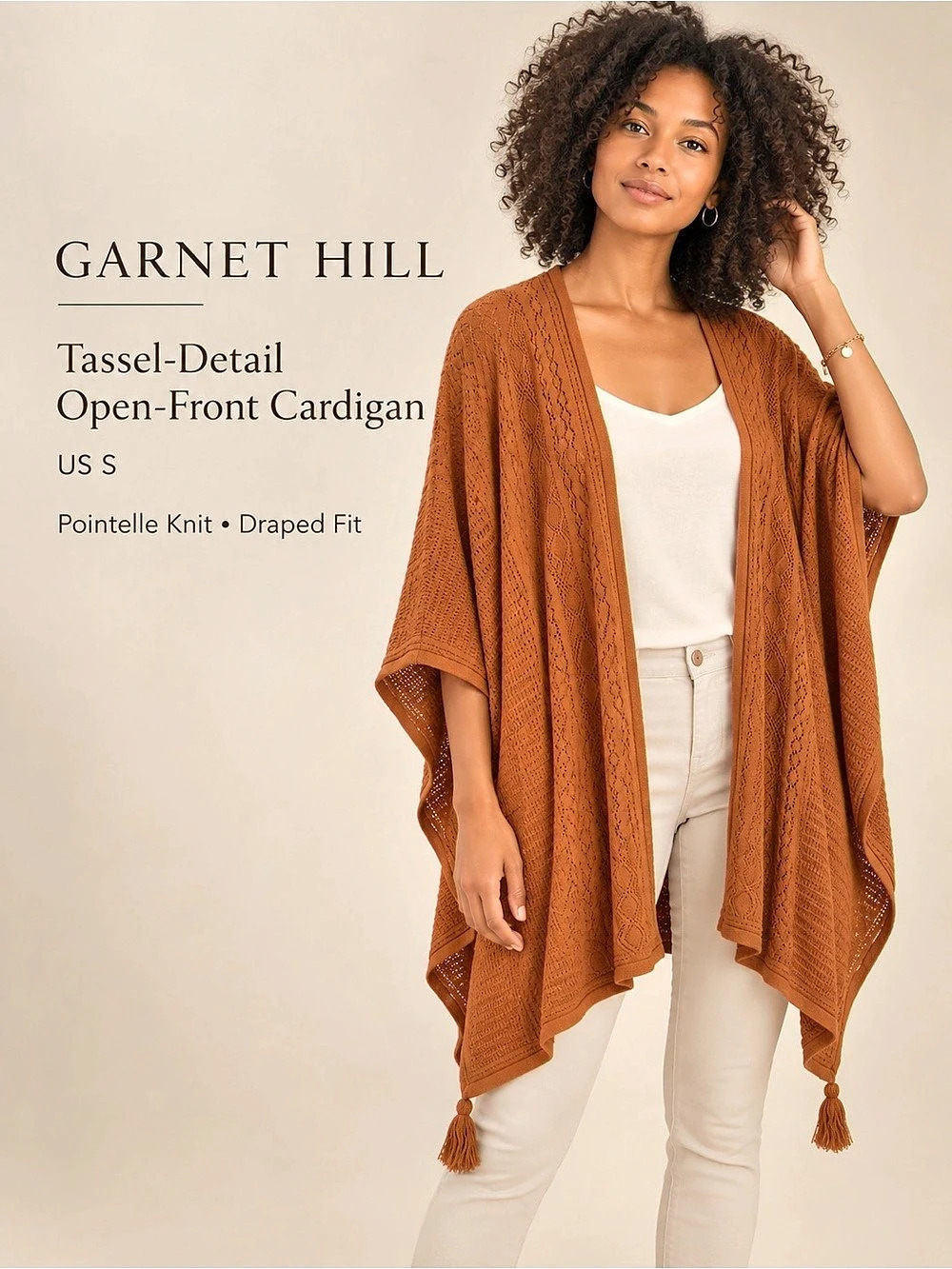Garnet Hill Tassel Detail Open Front Poncho Cardigan Rust S